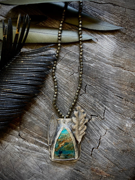 Sterling Leaves + Chrysocolla Knotted Pyrite Necklace