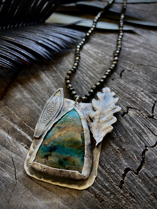 Sterling Leaves + Chrysocolla Knotted Pyrite Necklace
