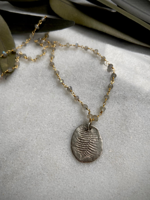 Sterling Silver Leaf Print Pendant + Labradorite Necklace