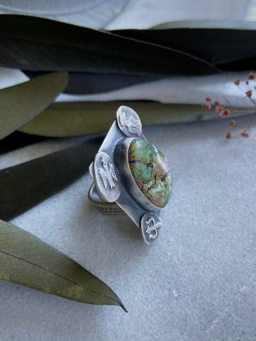Watercolor Turquoise + Silver Emblem Ring - Size 6