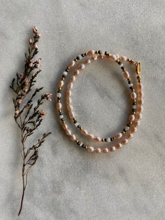 Pale Pink Pearls + Pyrite 14kt GF Short Necklace