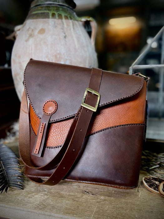 Lena Asymmetric Hand Stitched Leather Crossbody - Two Tone Brown