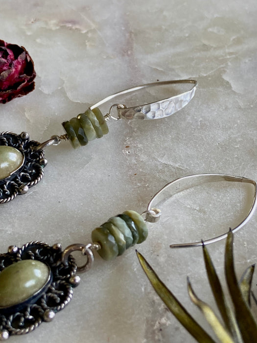 Antique Green Jasper Flower Drop Earrings