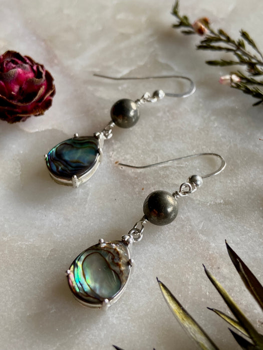 Abalone Teardrop + Pyrite Sterling Earrings
