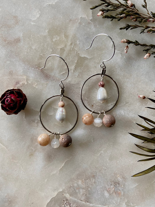 Mixed Pink Stone Sterling Circle Earrings