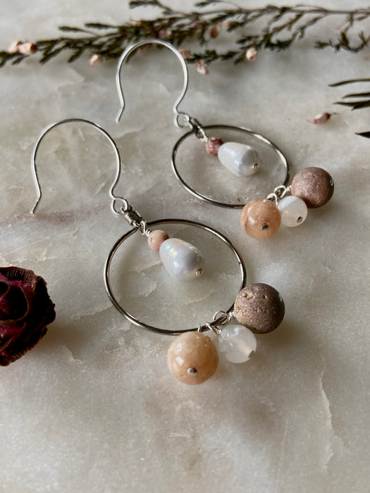 Mixed Pink Stone Sterling Circle Earrings