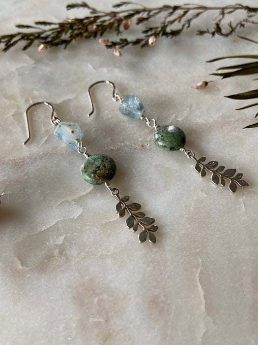 Tiny Leaf Aquamarine + African Turquoise Earrings