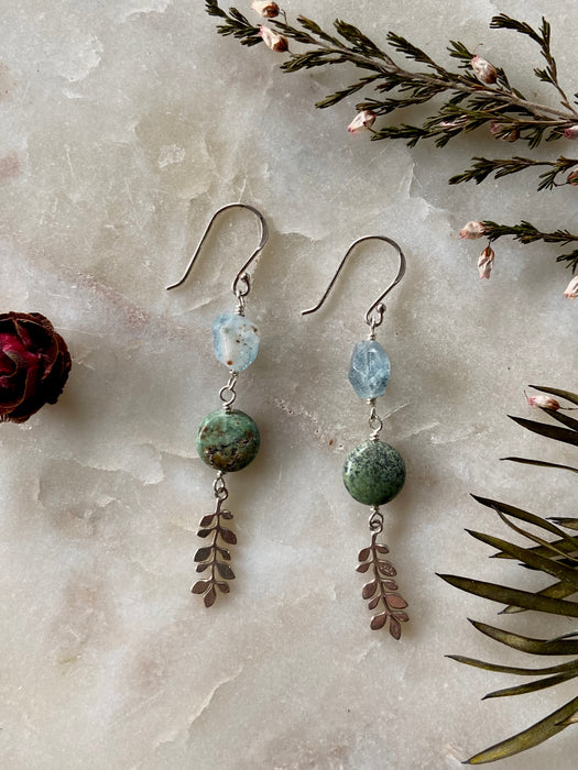 Tiny Leaf Aquamarine + African Turquoise Earrings