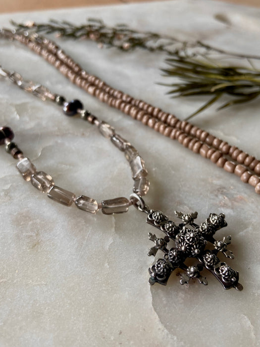Antique Sterling Cross Smokey Quartz Beaded Necklace