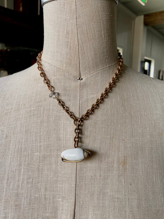 Antique 1800s Watch Chain Shell + Herkimer Diamond Short Necklace