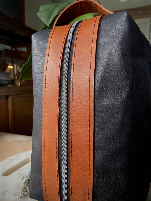 Leather Toiletry Bag - Two Tone Black/Cognac