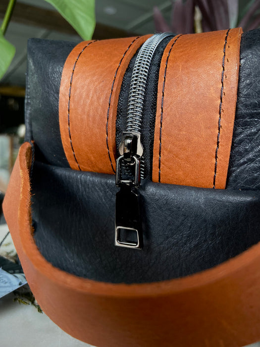 Leather Toiletry Bag - Two Tone Black/Cognac