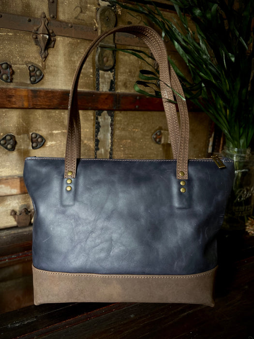 Wren Two Tone Leather Shoulder Bag - Steel Blue + Ash Brown