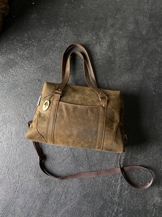 Alva Large Leather Bag - Oiled Green-Brown