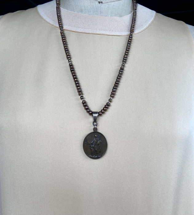 Antique French Bronze Medal + Pearl Necklace