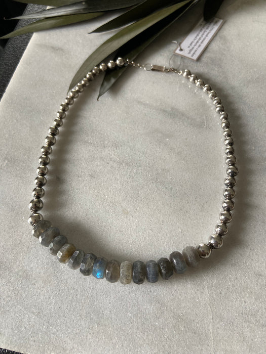 Labradorite Nugget + 1950s Sterling Bead Short Necklace