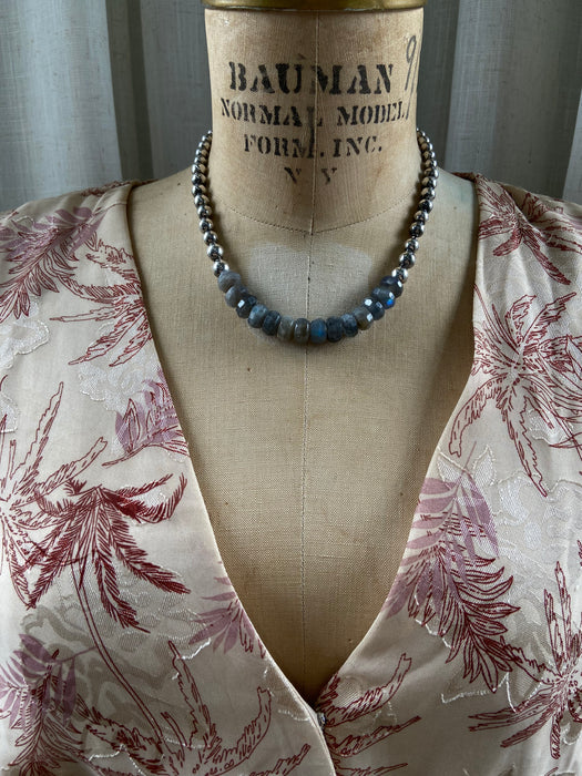 Labradorite Nugget + 1950s Sterling Bead Short Necklace