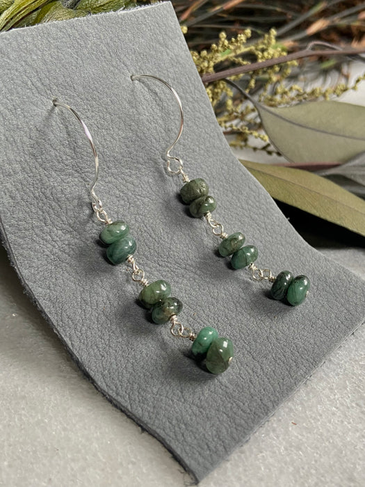 Raw Emerald Sterling Ladder Earrings - 3 Link