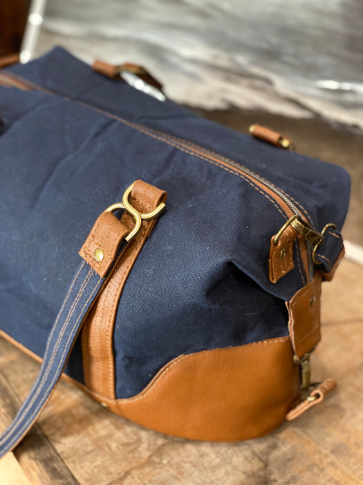 Small Leather + Waxed Canvas Duffle Bag - Navy/Cognac