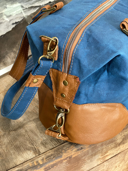 Small Leather + Waxed Canvas Duffle Bag - Cobalt/Cognac
