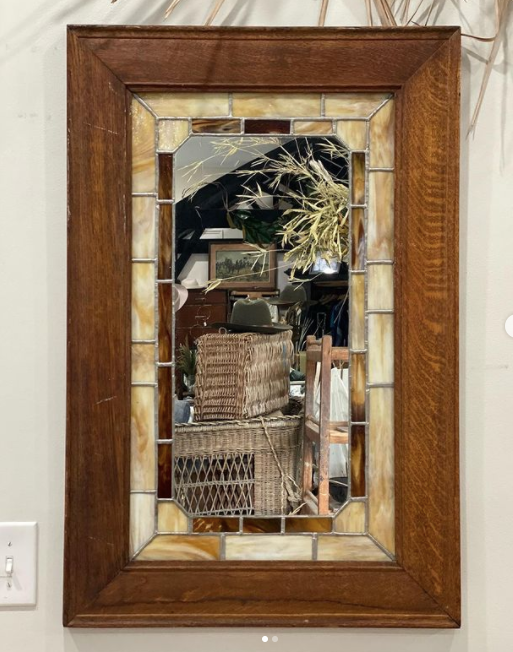 Antique Stained Glass + Oak Handmade Mirror
